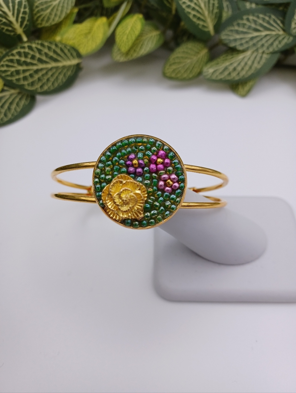 Floral Bead Mosaic Cuff Bracelet
